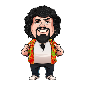 Illustration of Captain Lou Albano, created by Albano Agency. He has black wavy hair with a medium length black beard tied together with a rubberband. He is wearing a white shirt with a yellow and orange Hawaiian shirt, and blue jeans with with sandals on.